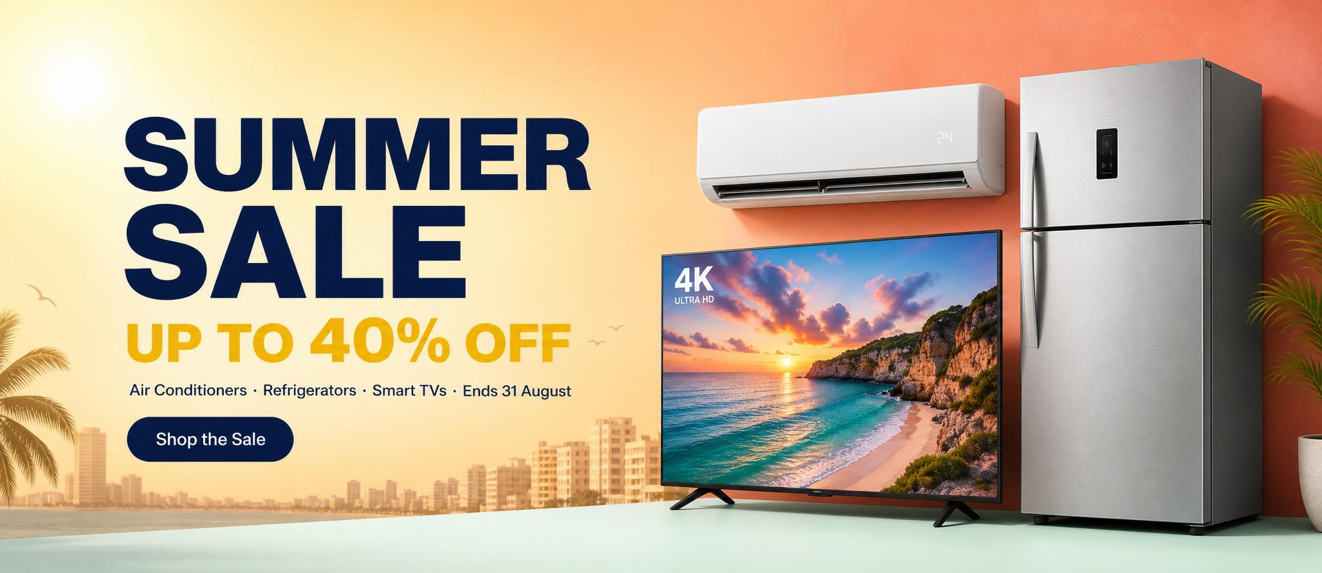Summer sale — up to 40% off air conditioners, refrigerators and smart TVs. Ends 31 August.